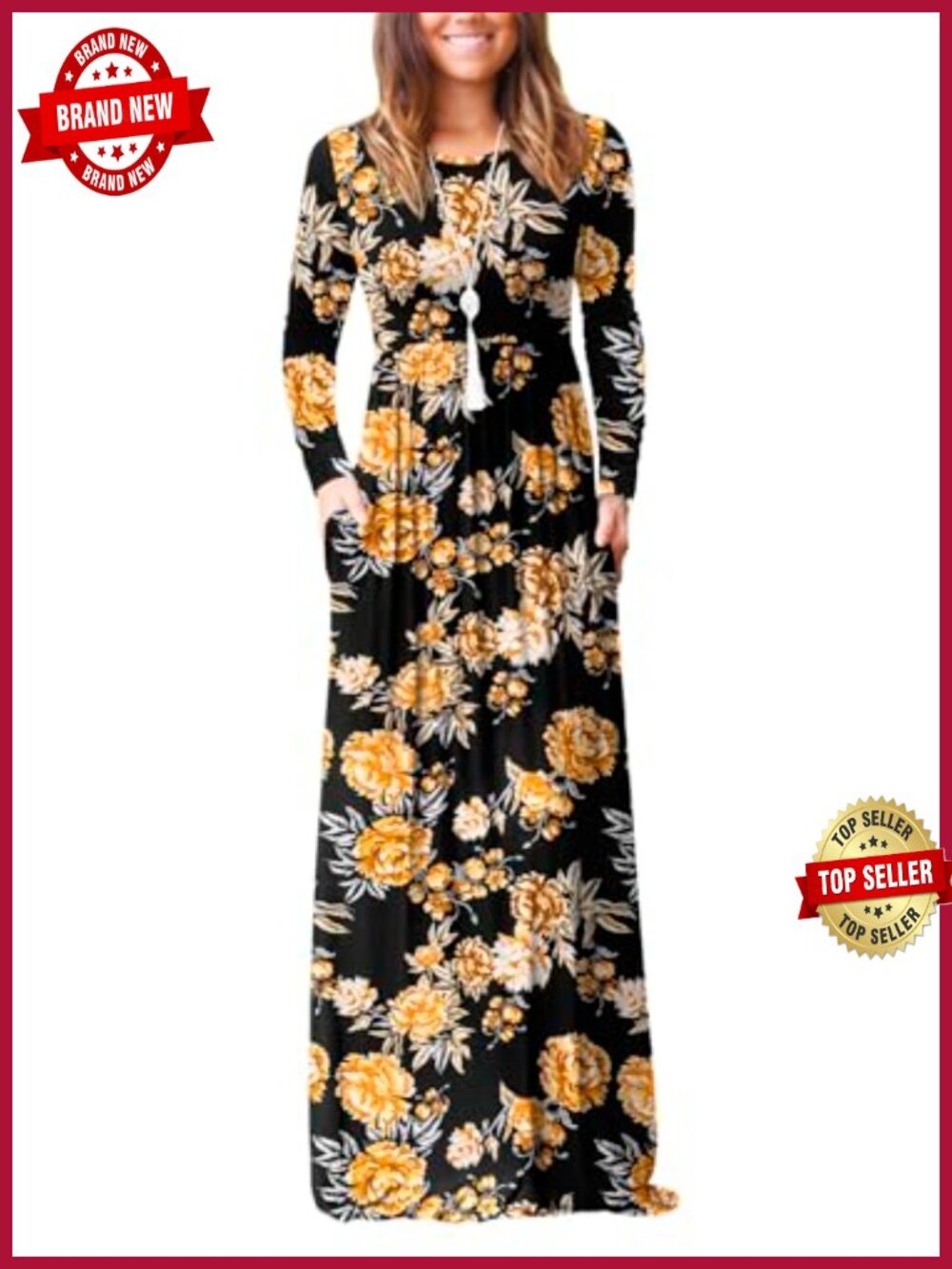 Long Sleeve Loose Maxi Dress with Pockets, 95% Rayon 5% Spandex
